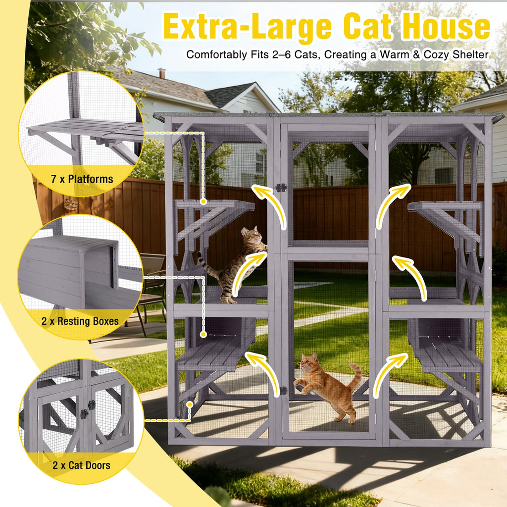 Outdoor Cat Enclosure with 7 Platforms and 2 Resting Boxes G122