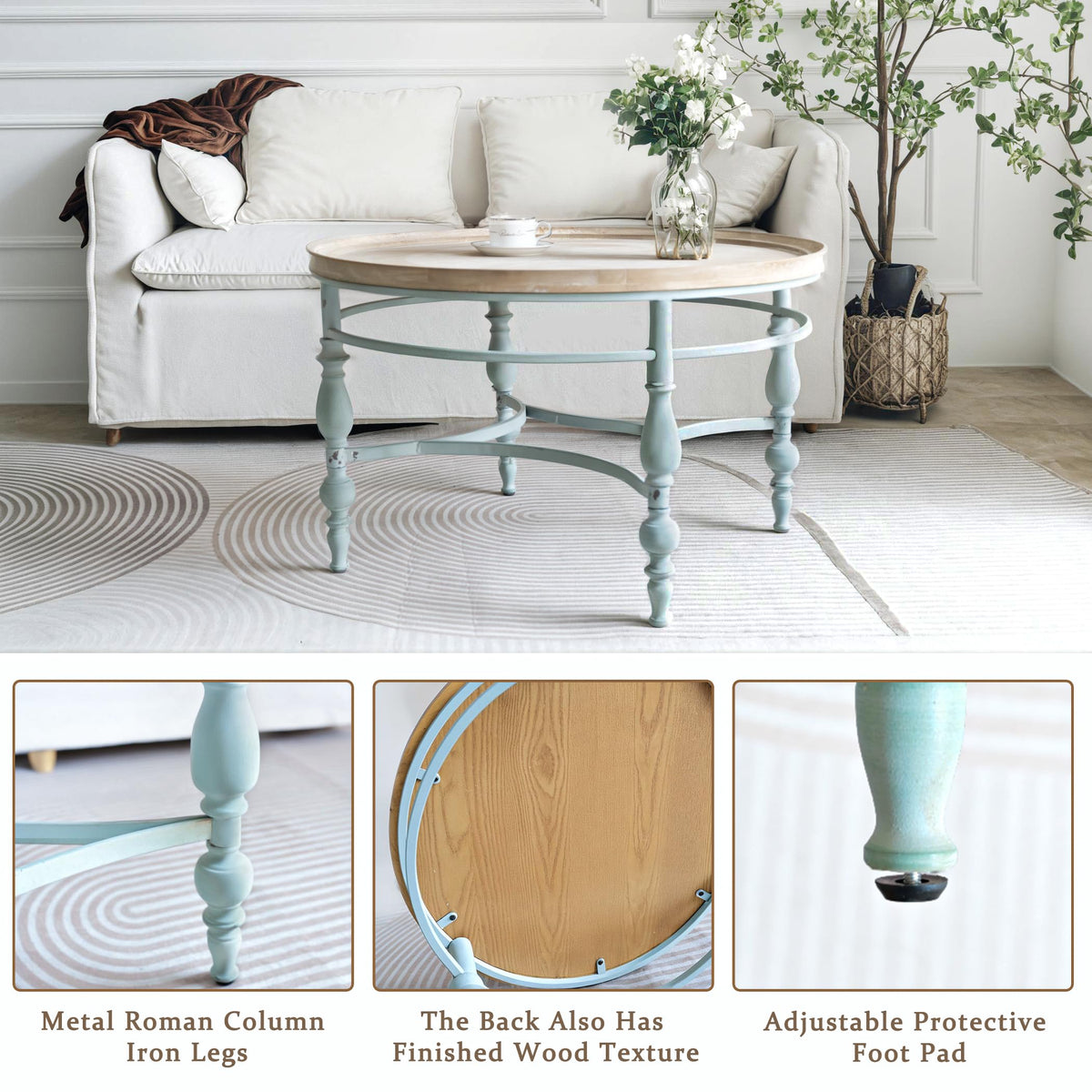 Round Solid Wood Coffee Table with Iron Legs S321122