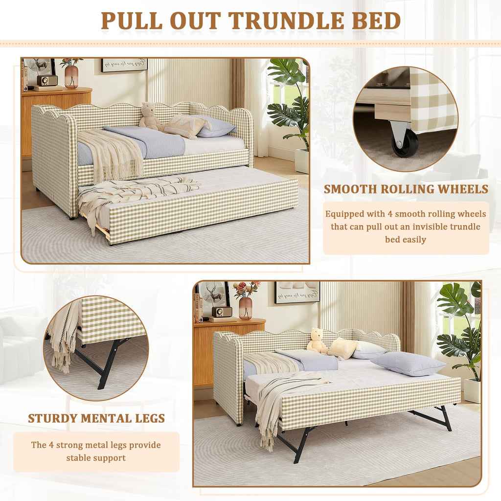 Twin Size Gingham Upholstered Daybed with Trundle and USB Ports O93843