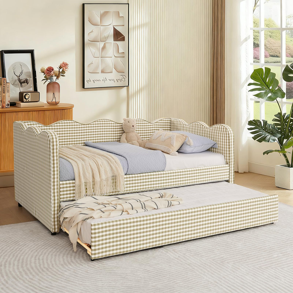 Twin Size Gingham Upholstered Daybed with Trundle and USB Ports O93843