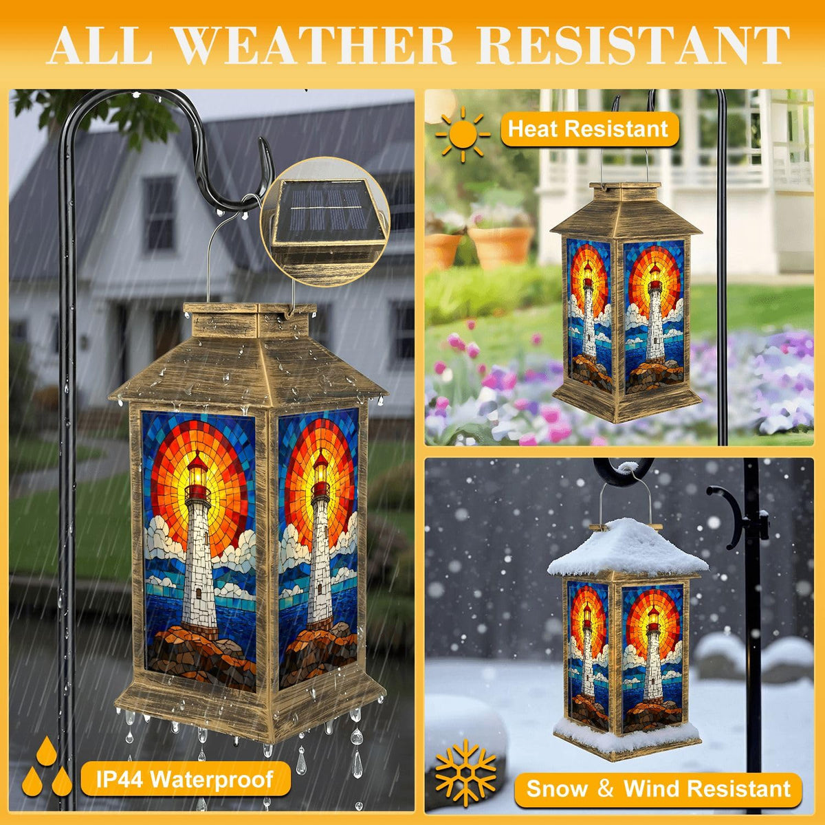Solar Lantern Outdoor Waterproof Stained Glass LED Hanging Solar Lights N6331