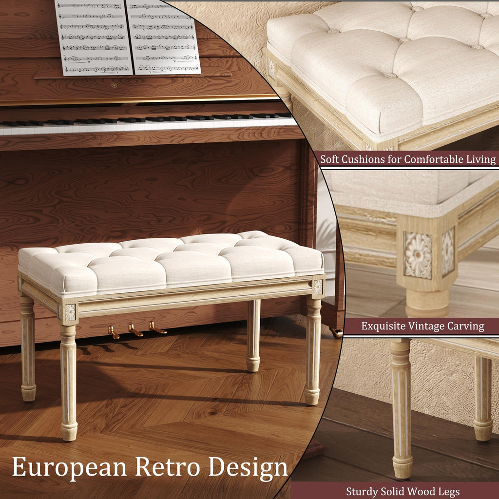 Beige Upholstered Bench with Carved Wood Legs O349