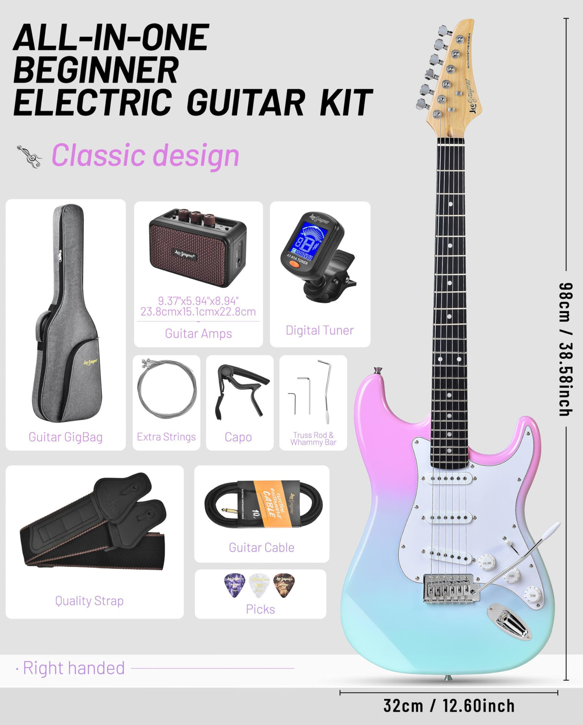 Beginner Electric Guitar 39” Kit with Portable Amplifier, Gig Bag, Tuner, Capo, Strap, Picks, SSS Pickups D66895
