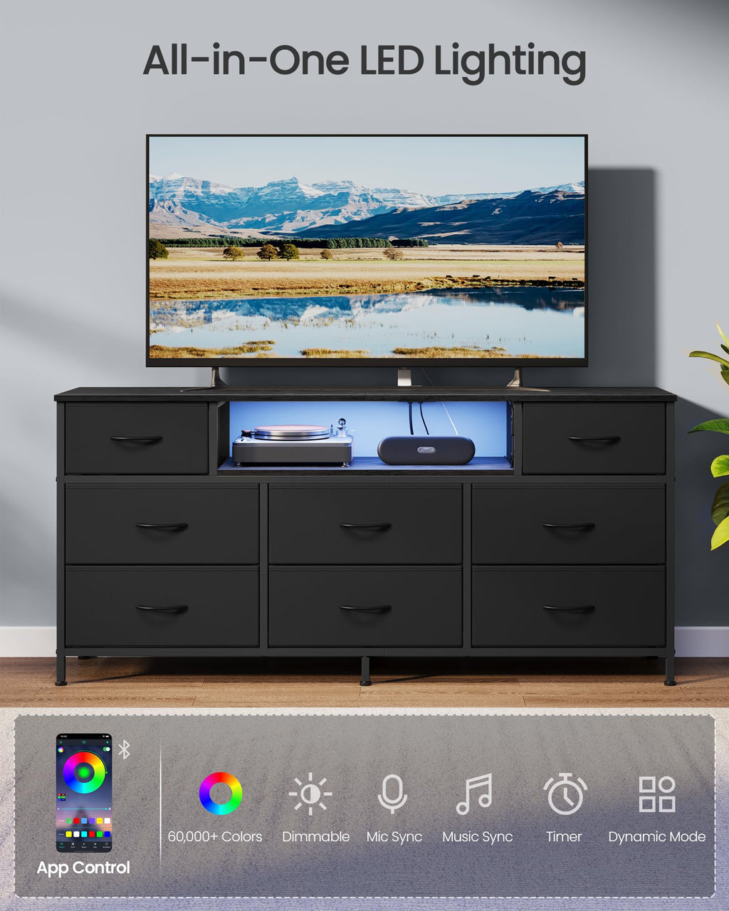 8 Fabric Drawers Dresser with Outlets & LED Lights E648