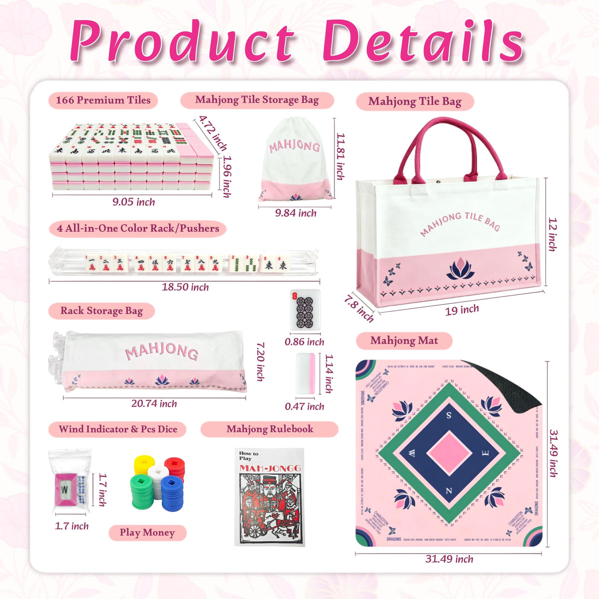 Pink Mahjong Game Set with 166 Tiles, Mat, 4 Racks and Bag T135307