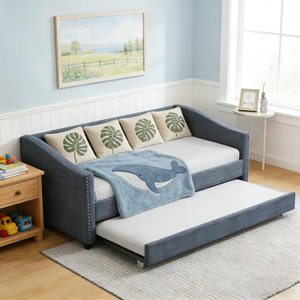 Twin Size Upholstered Daybed Frame with Trundle, Dark Grey S3014