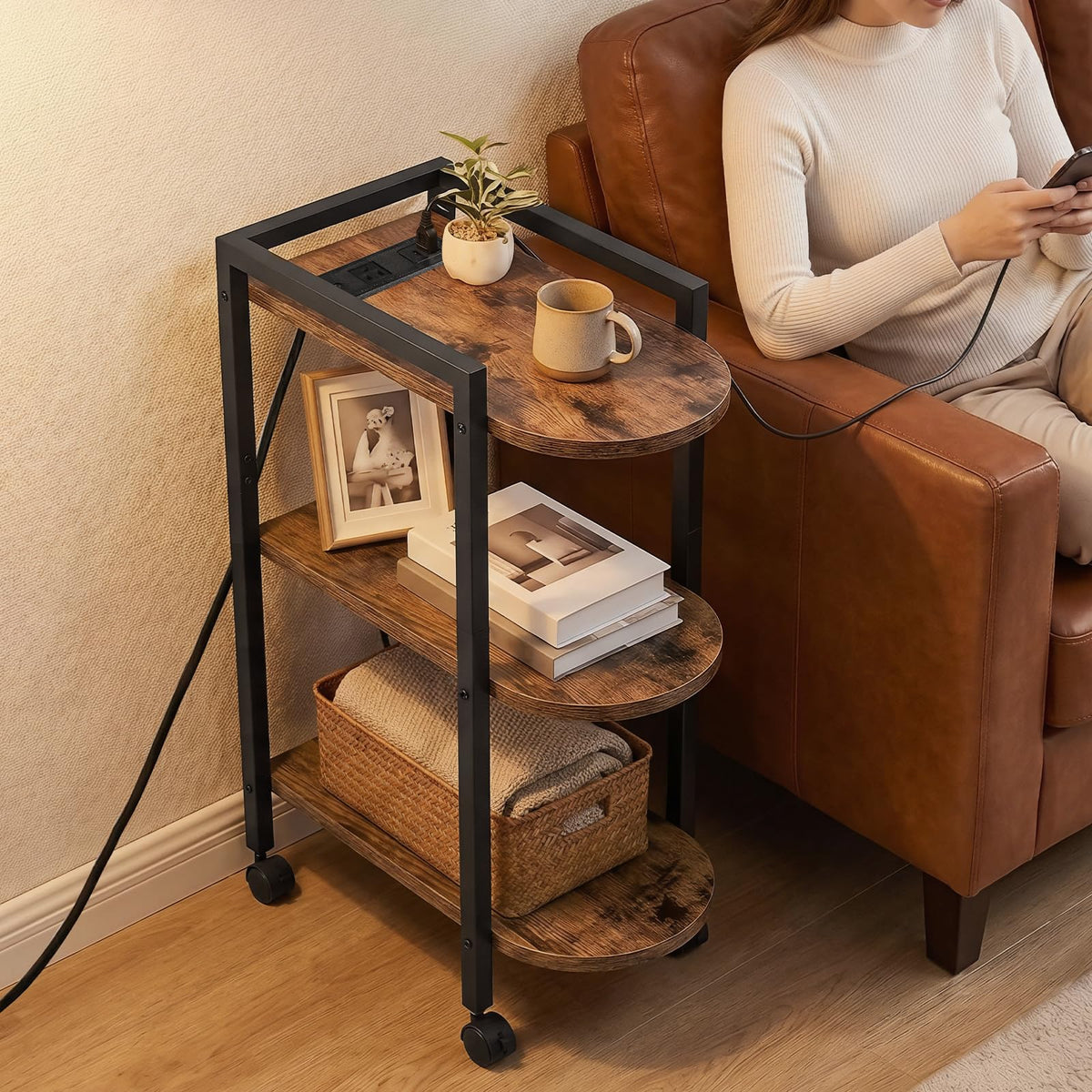 Rolling Narrow Side Table with Charging Station Q368