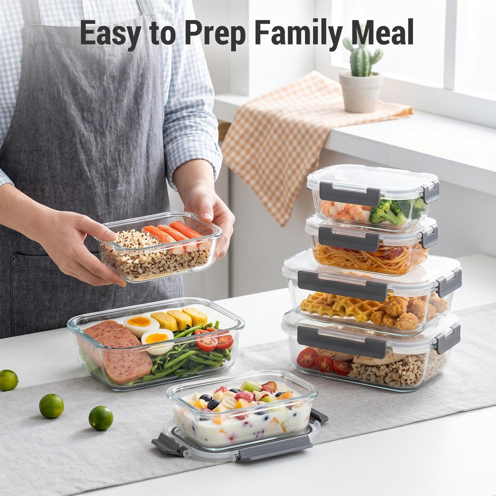 10 Sets 36 oz & 12 oz Glass Food Storage Containers with Lids, Gray Y1508