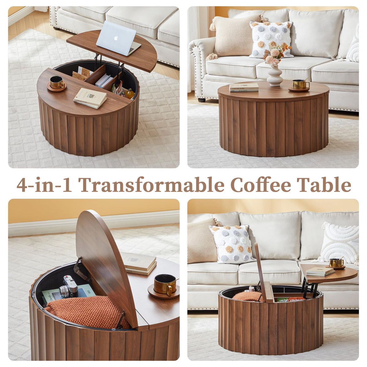 Fluted Round Lift Top Coffee Table with Storage C486823