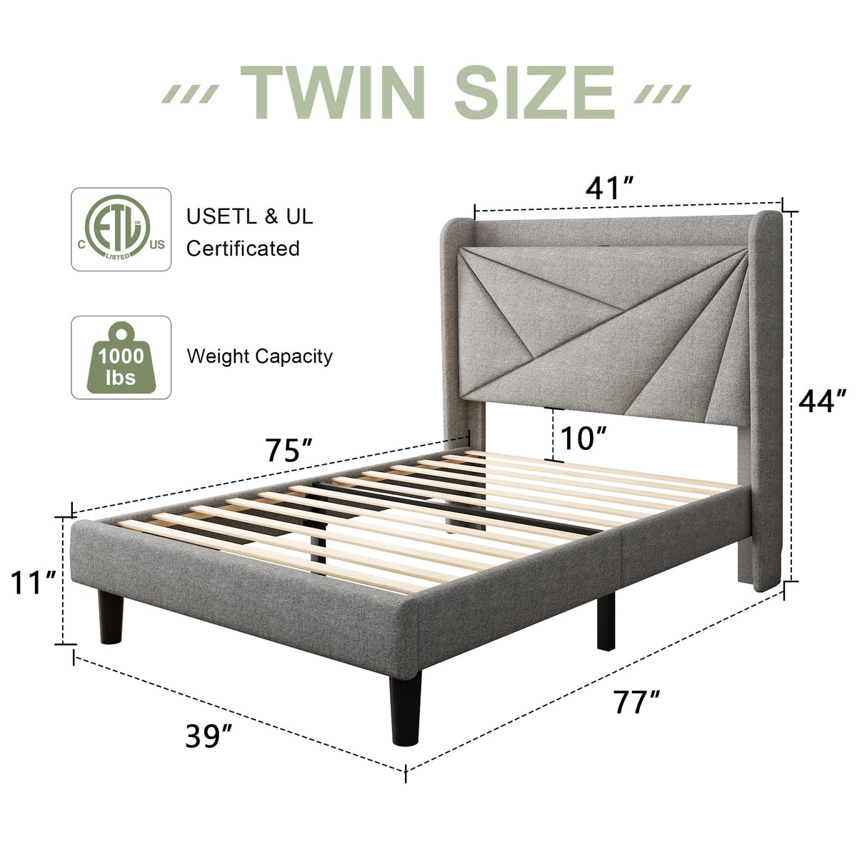 Light Gray Upholstered Twin Bed Frame with Storage Headboard P8482