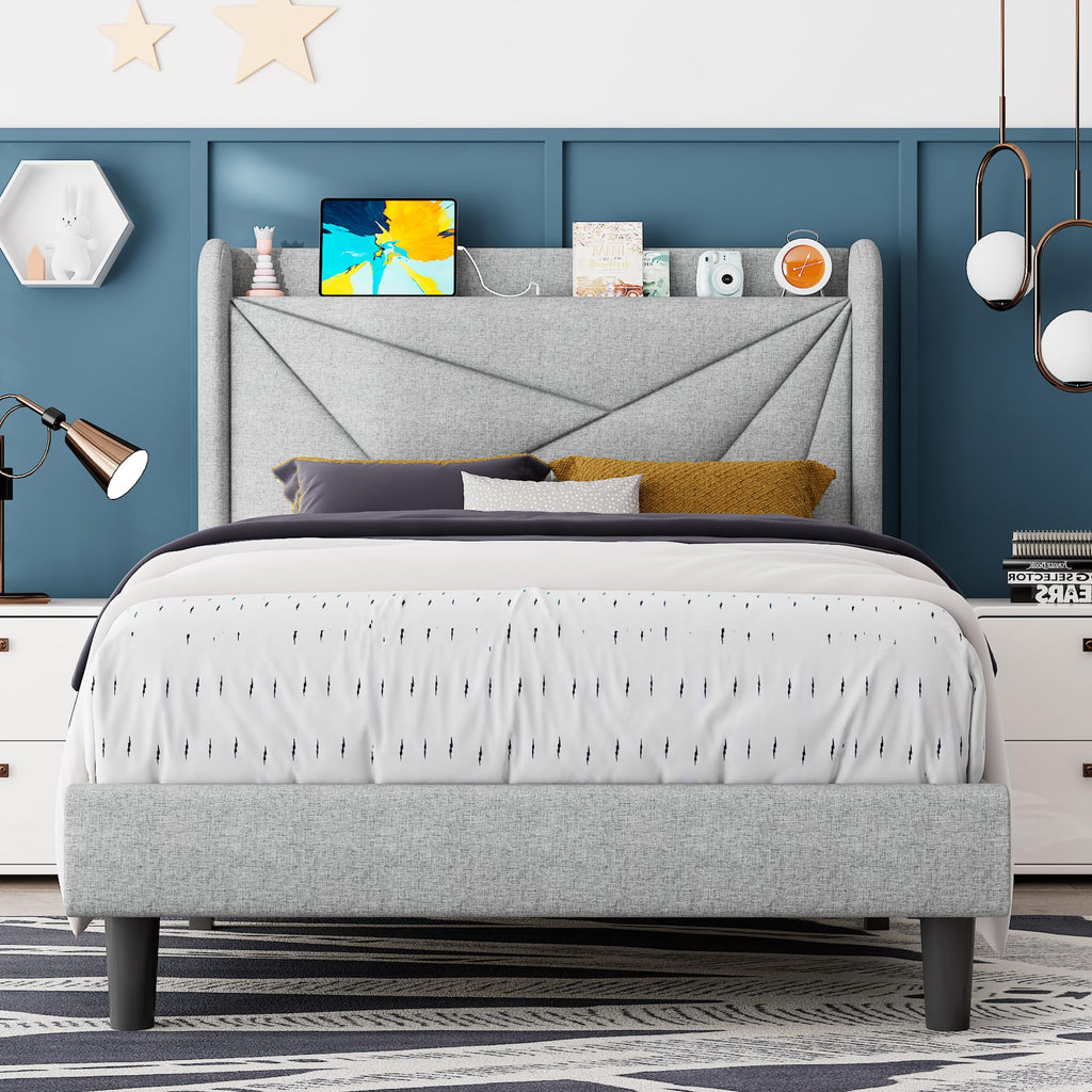 Light Gray Upholstered Twin Bed Frame with Storage Headboard P8482