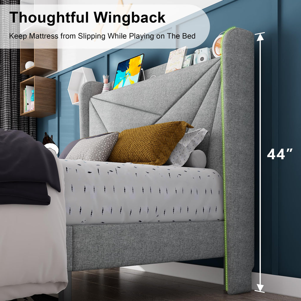 Light Gray Upholstered Twin Bed Frame with Storage Headboard P8482