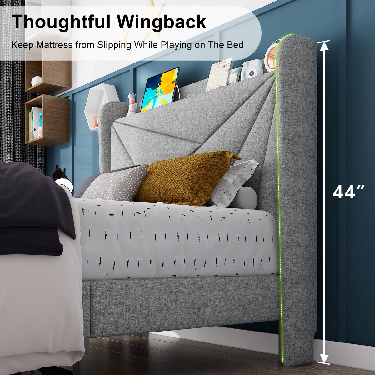 Light Gray Upholstered Twin Bed Frame with Storage Headboard P8482