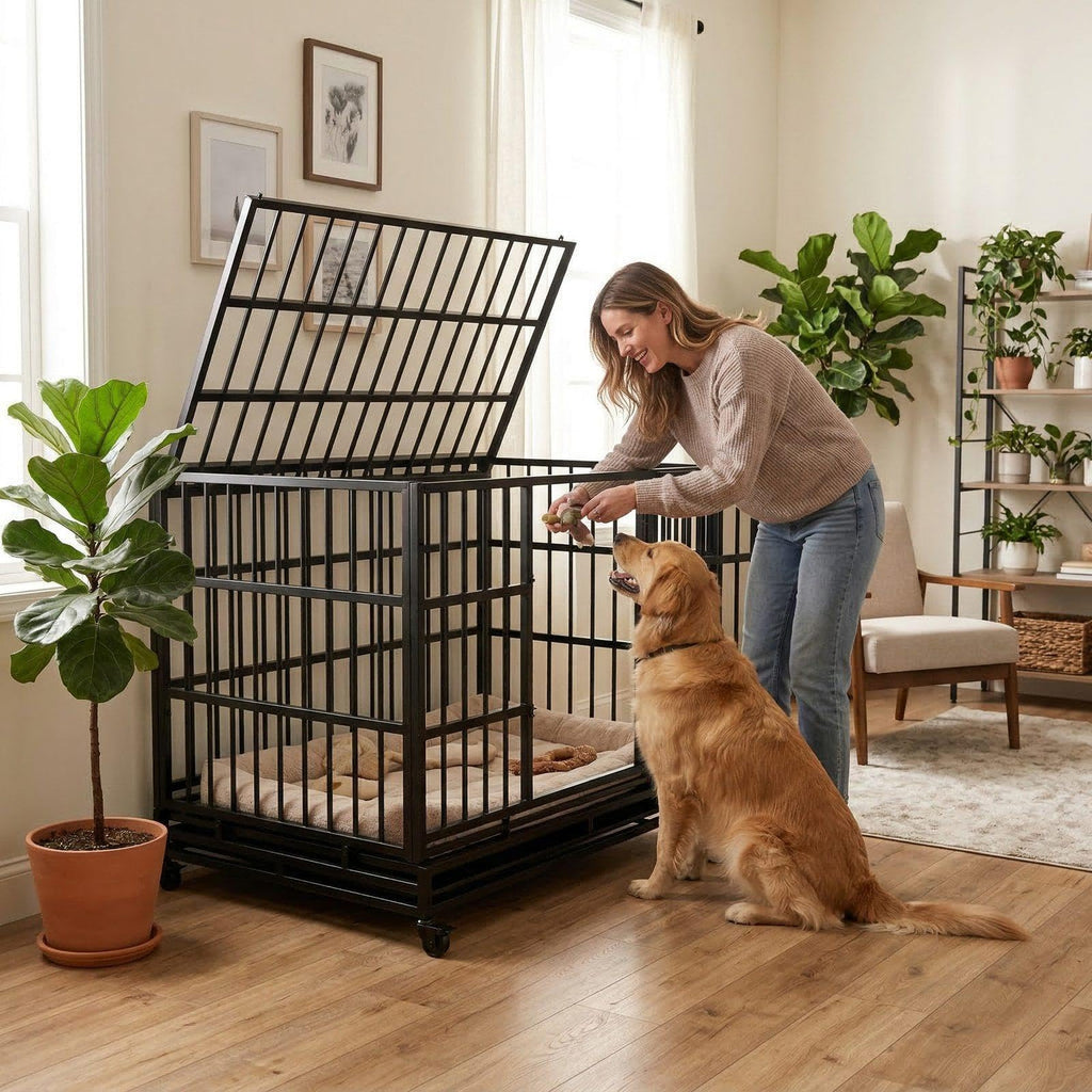 48 Inch Heavy Duty Metal Folding Dog Crate with Wheels and Double Doors F4245