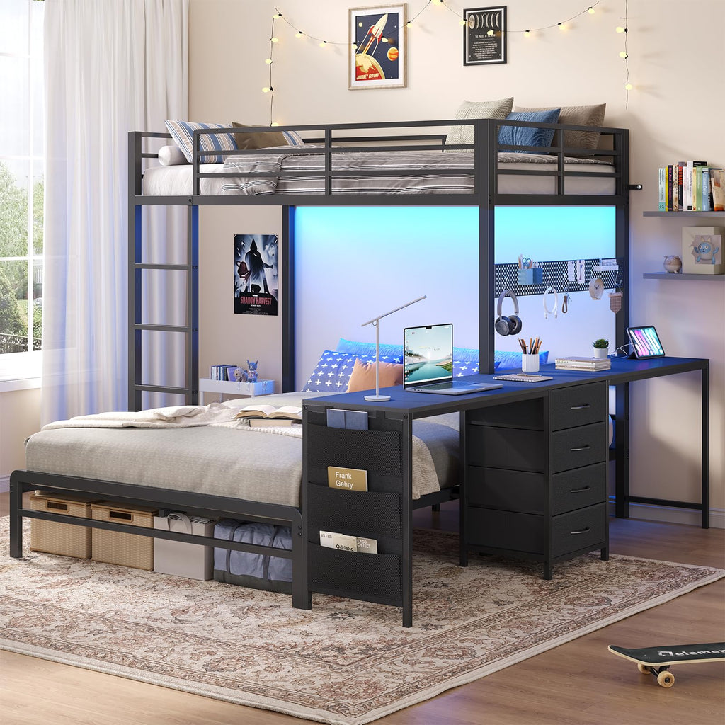 Black Twin Over Full Bunk Bed with Desk and Storage Drawers D83141