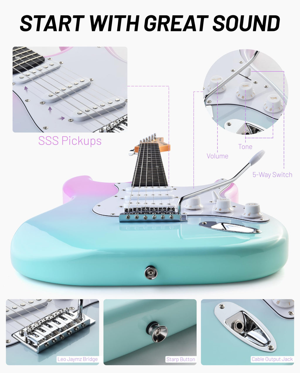 Beginner Electric Guitar 39” Kit with Portable Amplifier, Gig Bag, Tuner, Capo, Strap, Picks, SSS Pickups D66895