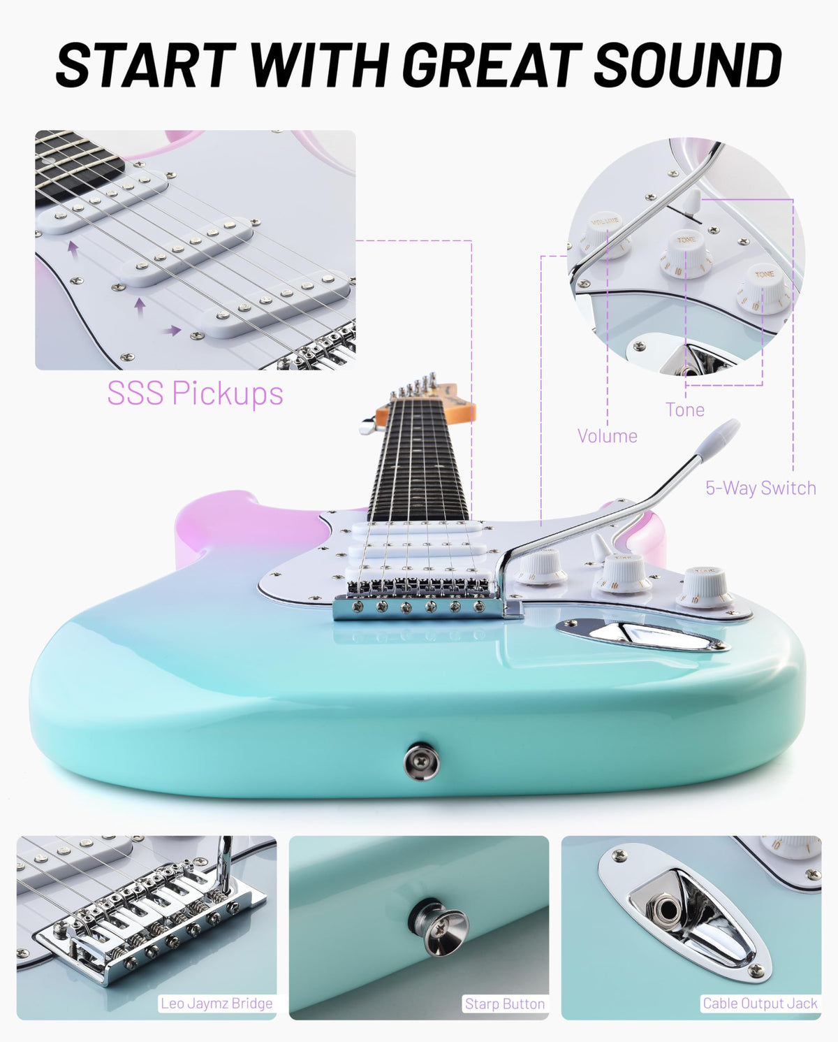 Beginner Electric Guitar 39” Kit with Portable Amplifier, Gig Bag, Tuner, Capo, Strap, Picks, SSS Pickups D66895