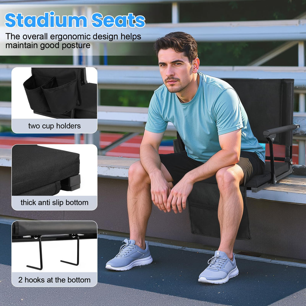 2 Pcs Black Folding Stadium Seat Cushion with Back Support S4208
