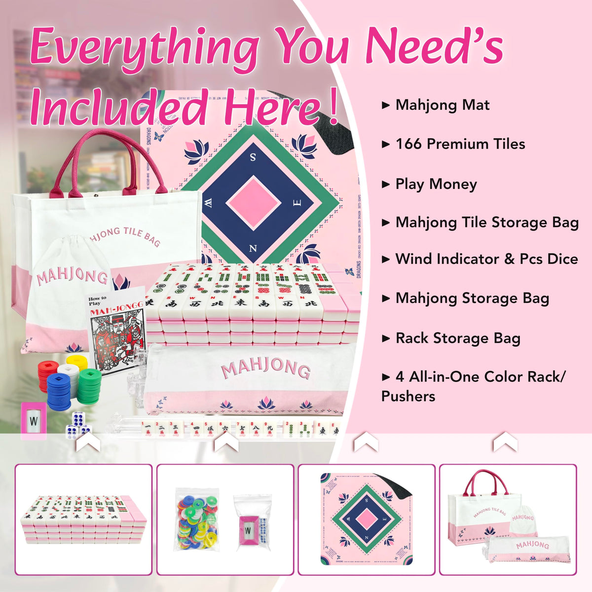 Pink Mahjong Game Set with 166 Tiles, Mat, 4 Racks and Bag T135307