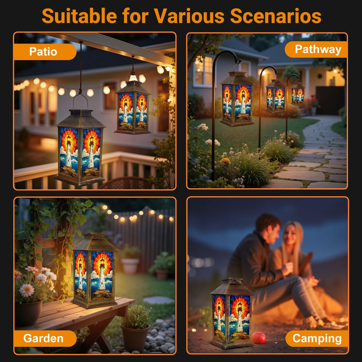 Solar Lantern Outdoor Waterproof Stained Glass LED Hanging Solar Lights N6331