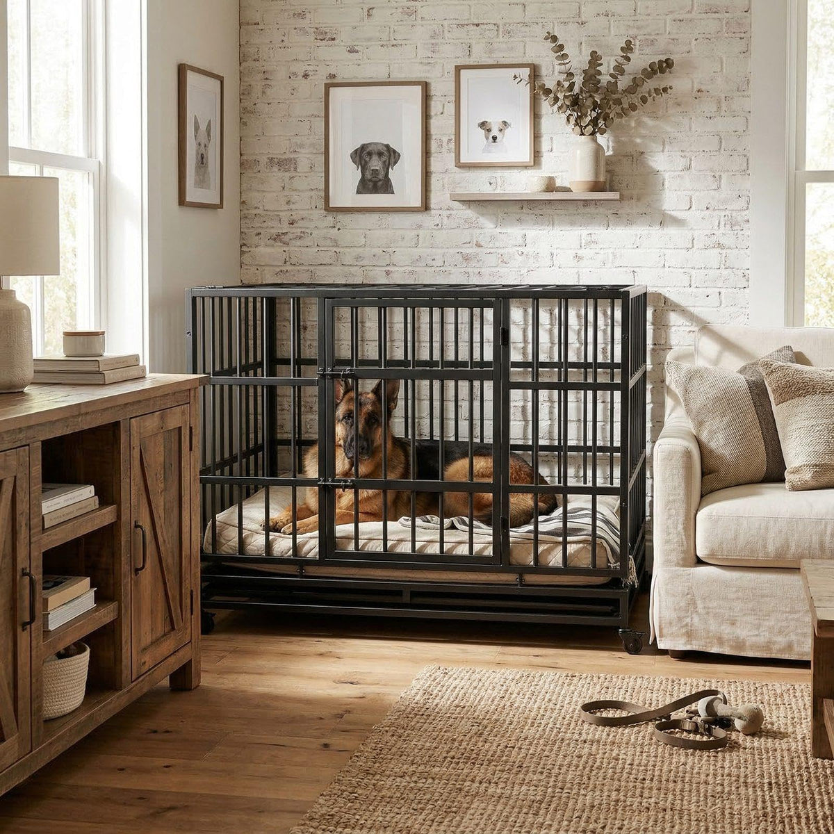 48 Inch Heavy Duty Metal Folding Dog Crate with Wheels and Double Doors F4245
