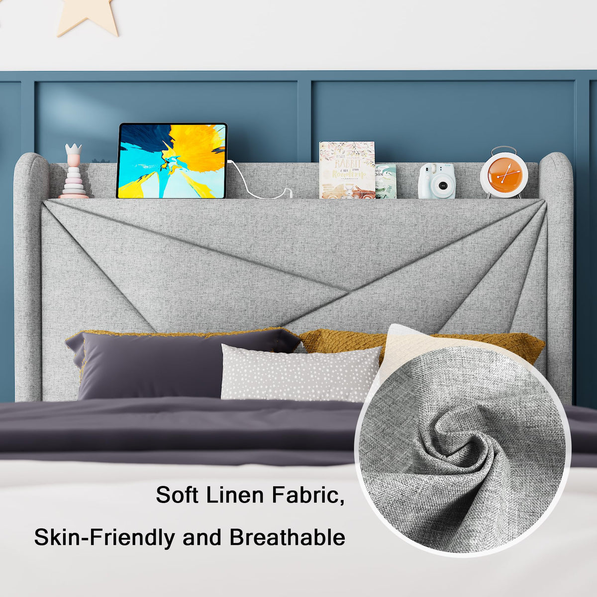 Light Gray Upholstered Twin Bed Frame with Storage Headboard P8482