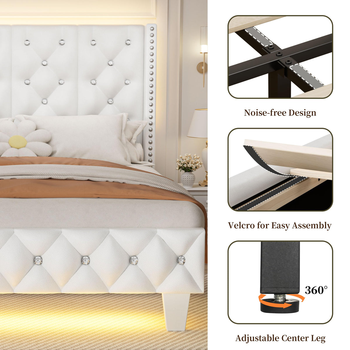 White Upholstered Full Size Bed Frame with Headboard A6348