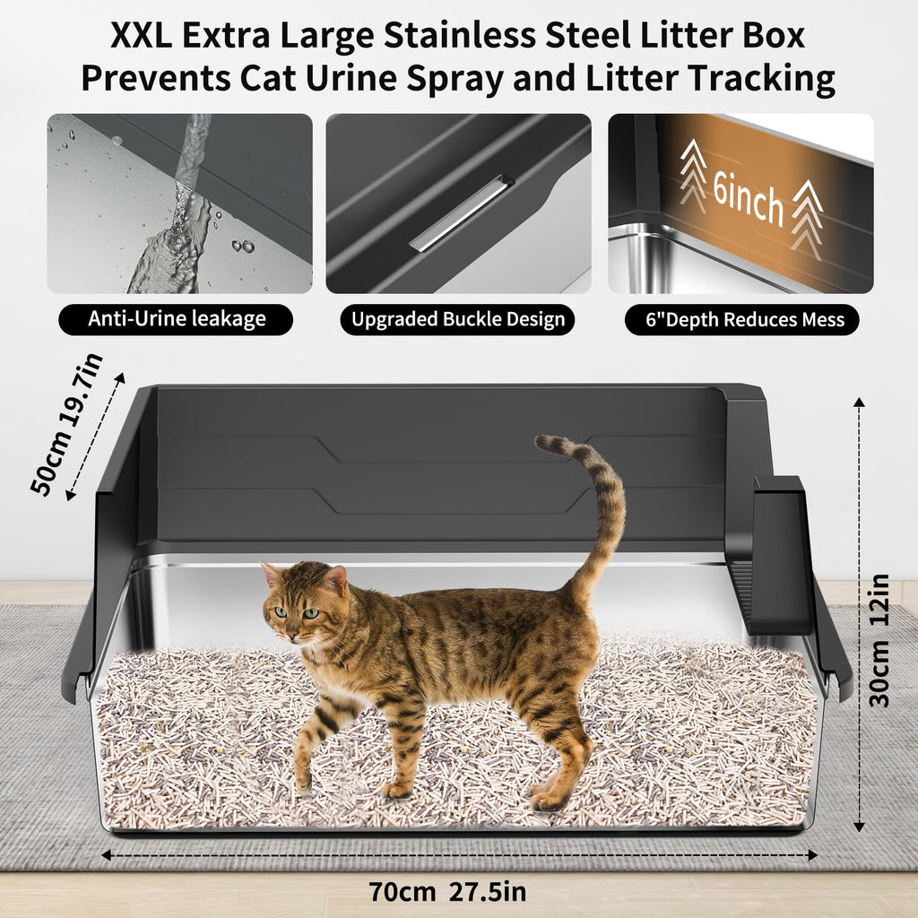 XXXL Stainless Steel Cat Litter Box with High Sides and Scoop Q22950