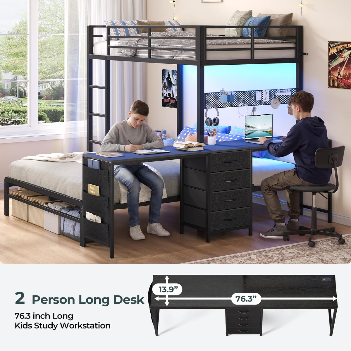 Black Twin Over Full Bunk Bed with Desk and Storage Drawers D83141