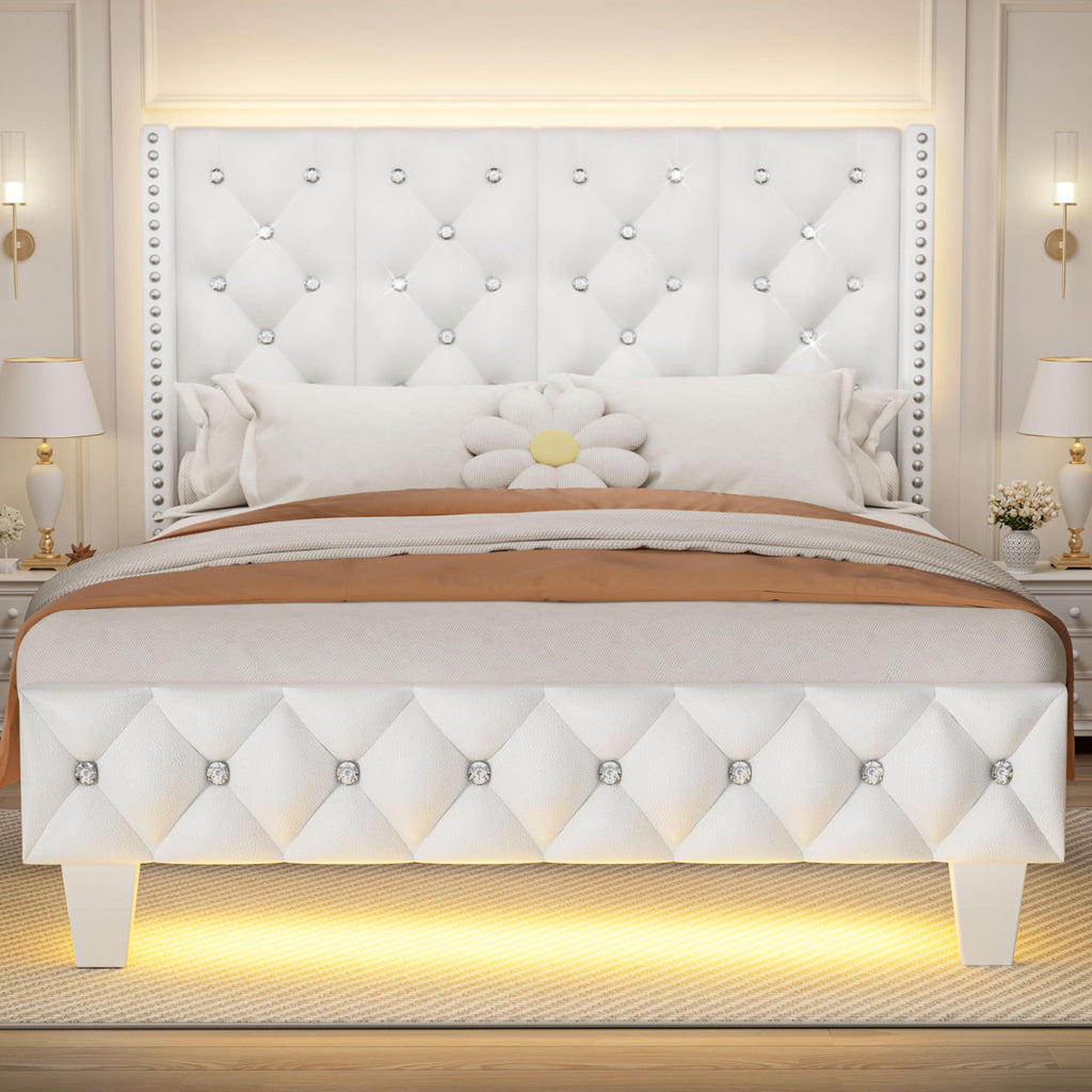 White Upholstered Full Size Bed Frame with Headboard A6348