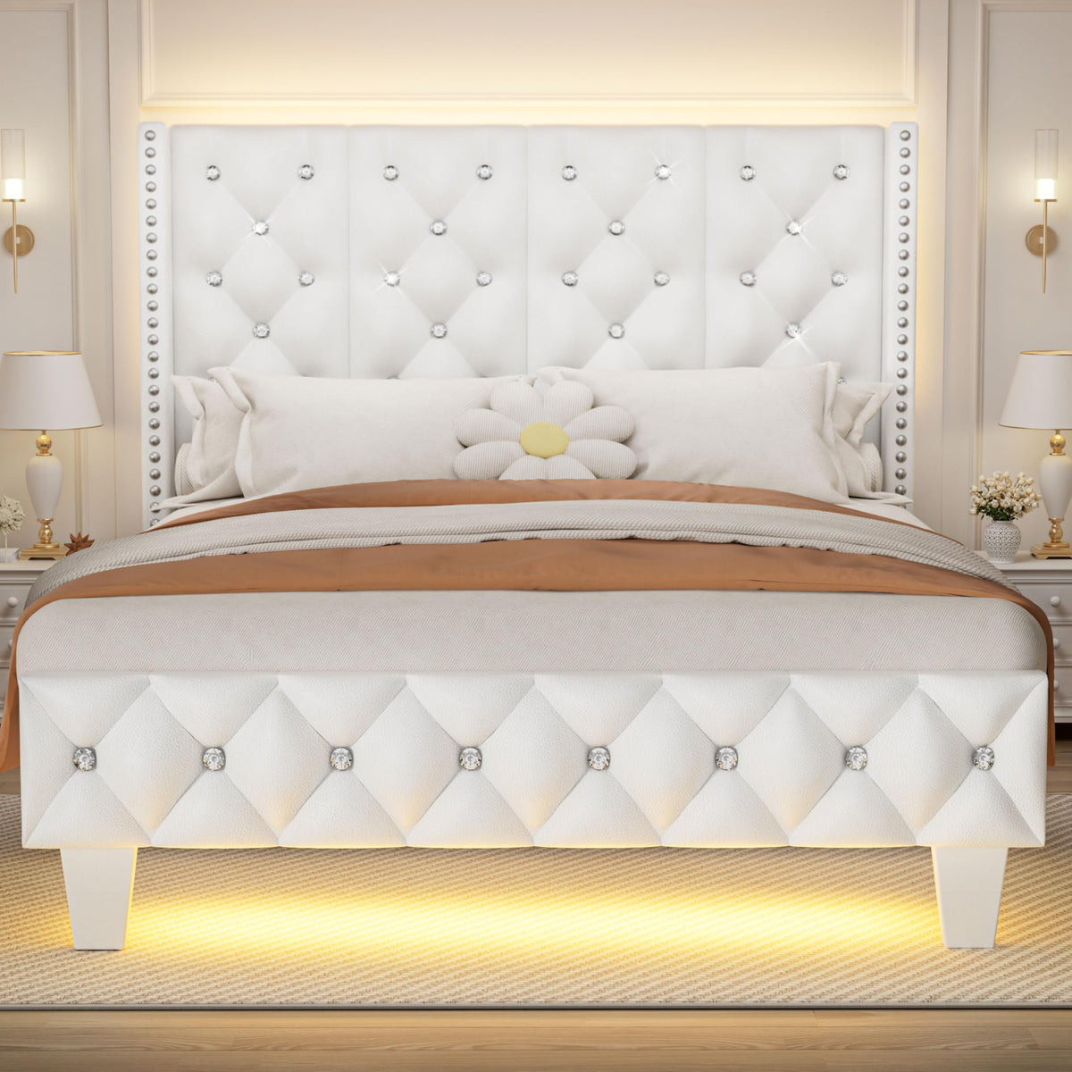 White Upholstered Full Size Bed Frame with Headboard A6348