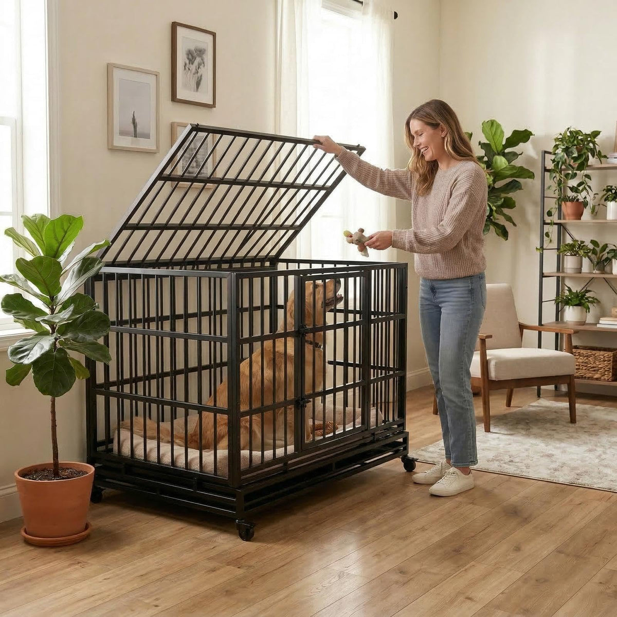 48 Inch Heavy Duty Metal Folding Dog Crate with Wheels and Double Doors F4245