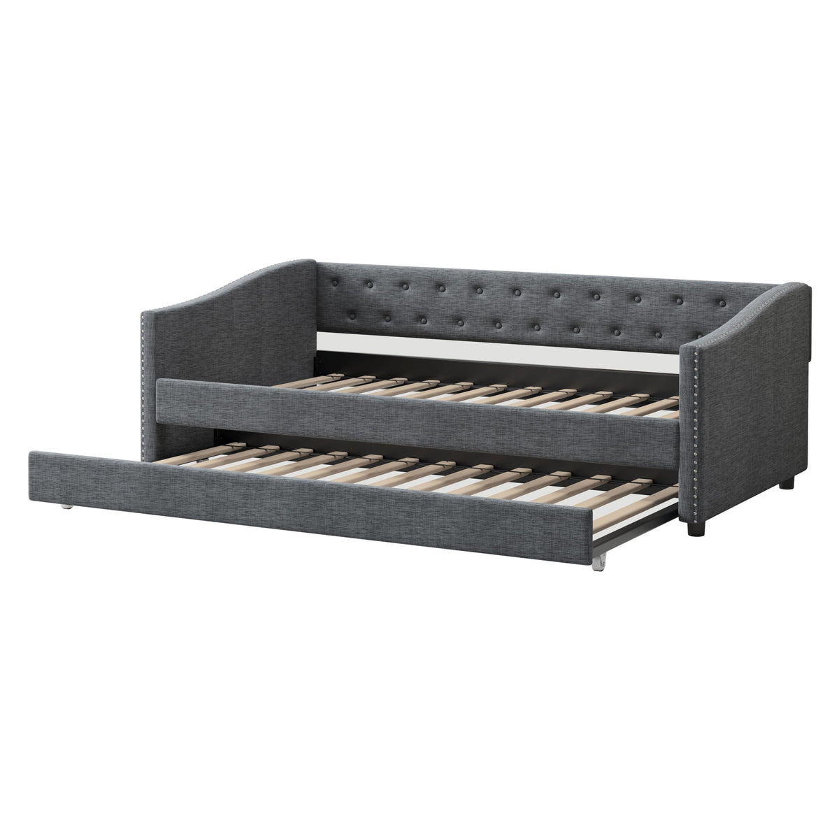 Twin Size Upholstered Daybed Frame with Trundle, Dark Grey S3014