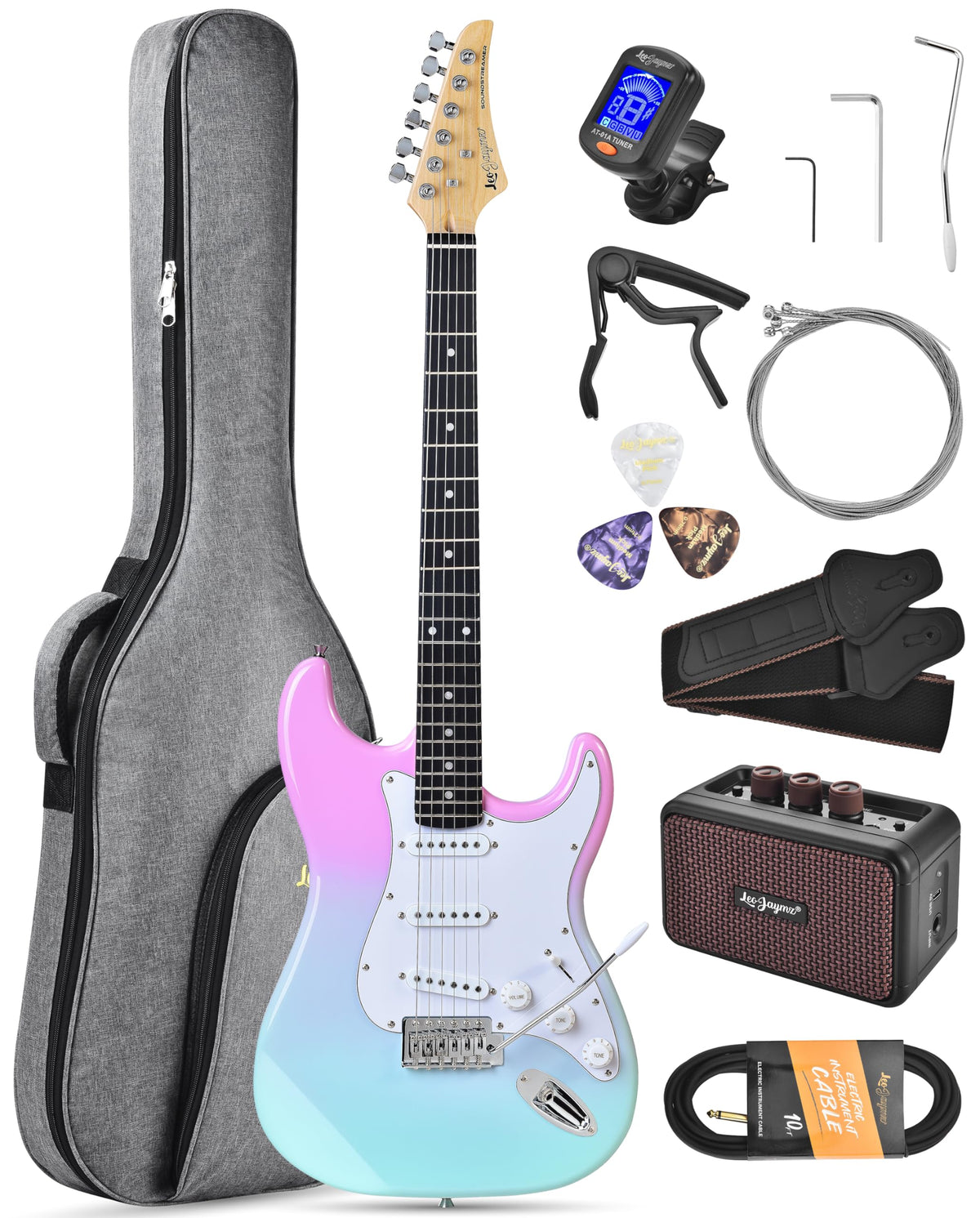 Beginner Electric Guitar 39” Kit with Portable Amplifier, Gig Bag, Tuner, Capo, Strap, Picks, SSS Pickups D66895