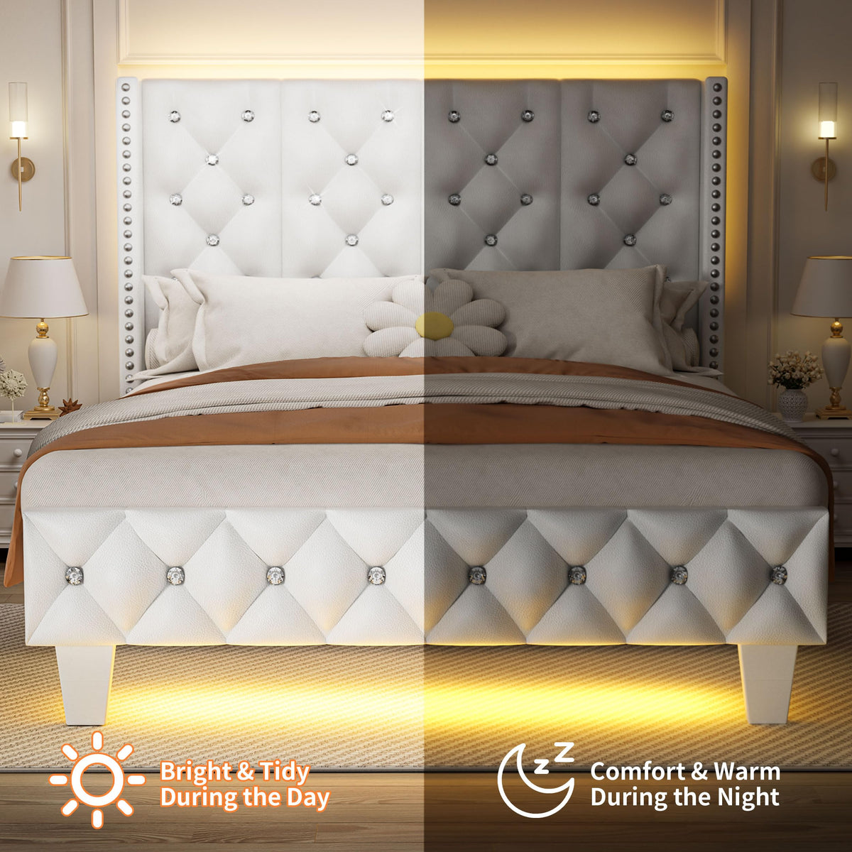 White Upholstered Full Size Bed Frame with Headboard A6348
