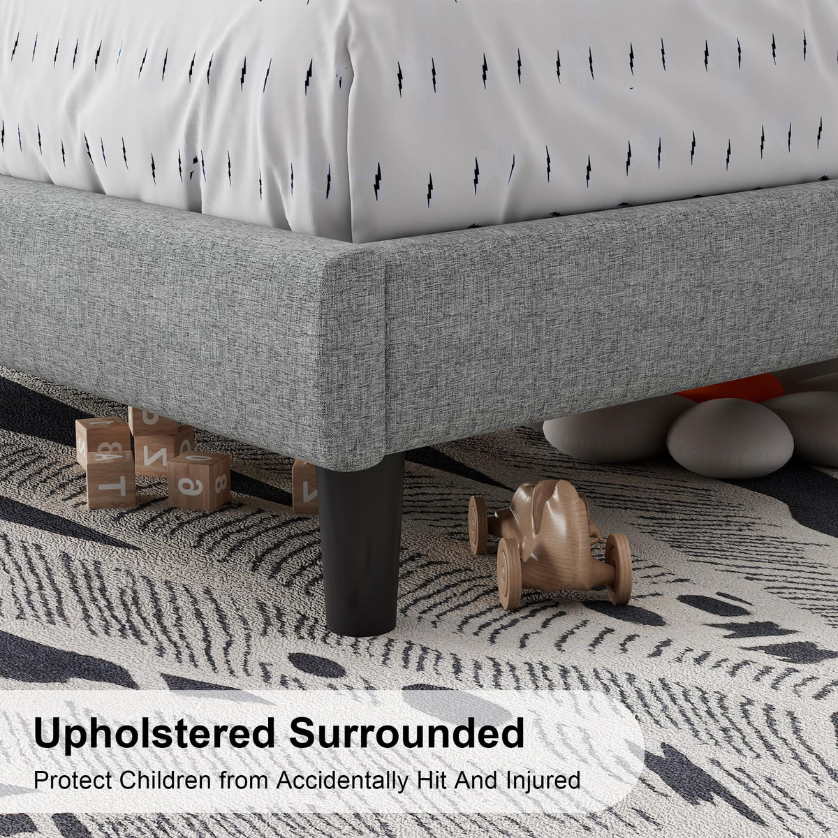 Light Gray Upholstered Twin Bed Frame with Storage Headboard P8482