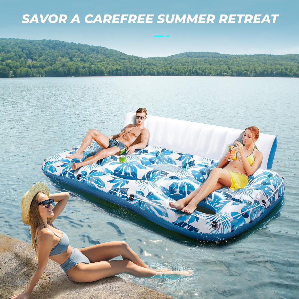 Inflatable Pool Float Lounger with Backrest, Footrest, Cup Holder X129