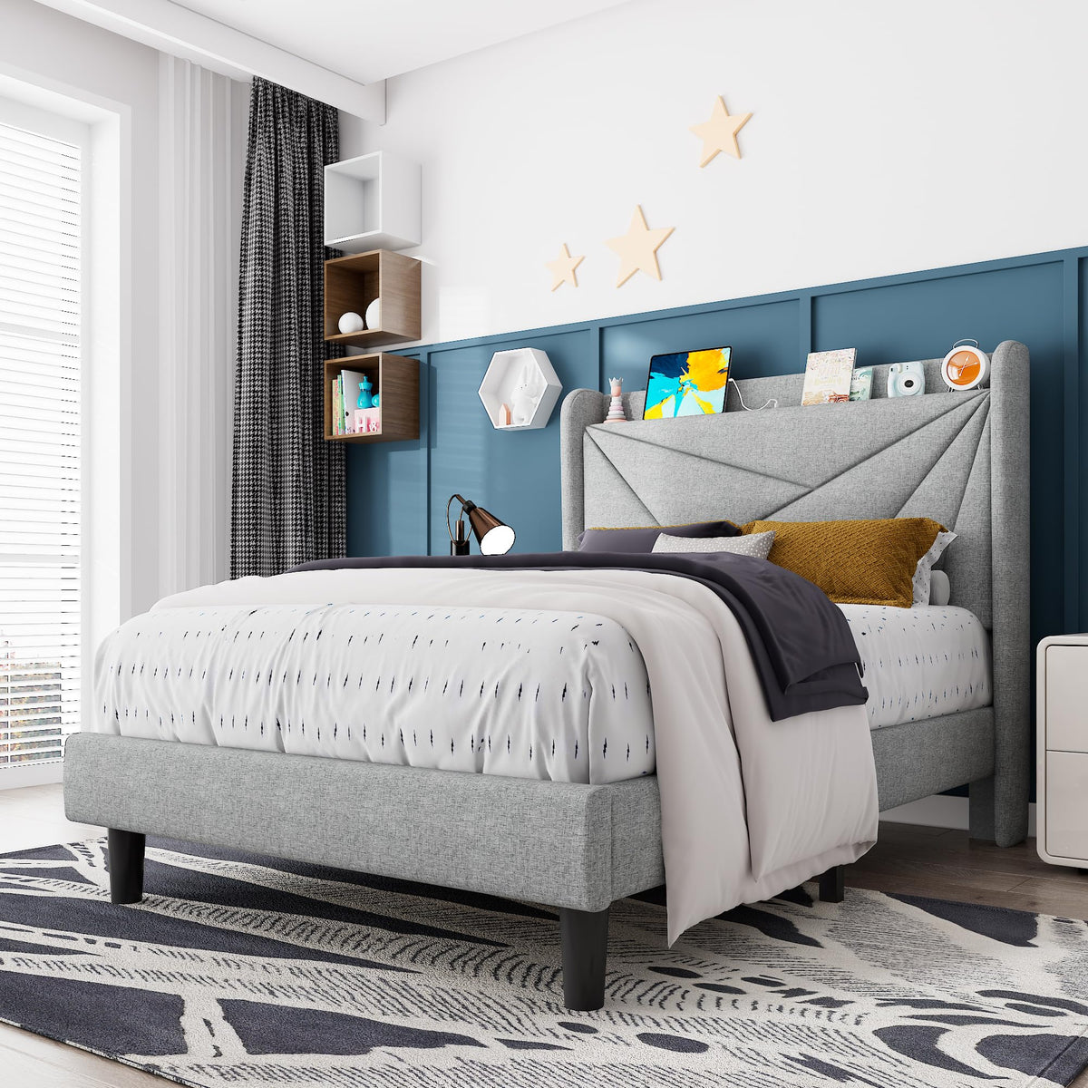 Light Gray Upholstered Twin Bed Frame with Storage Headboard P8482
