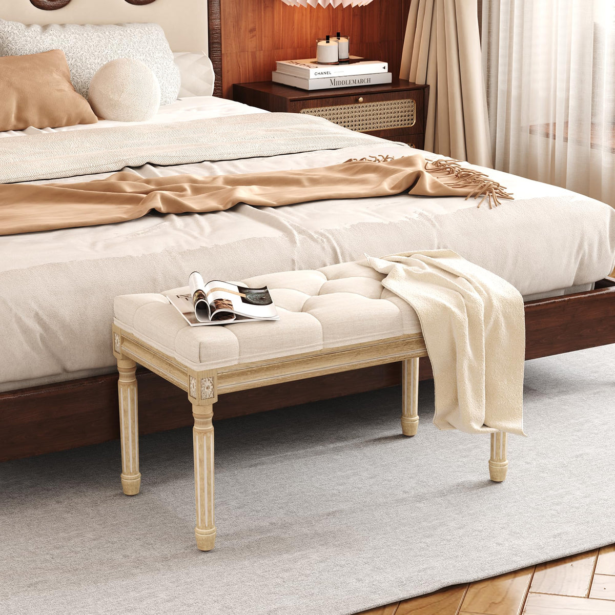 Beige Upholstered Bench with Carved Wood Legs O349