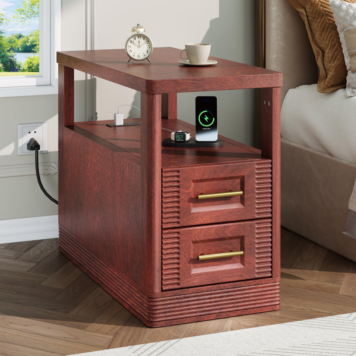Farmhouse End Table with Charging Station, 2 Storage Drawers E908517
