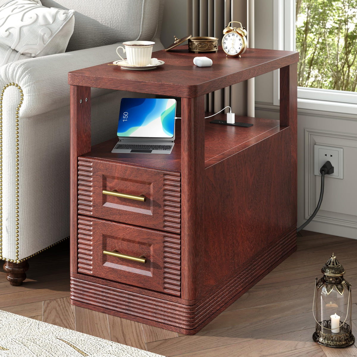 Farmhouse End Table with Charging Station, 2 Storage Drawers E908517