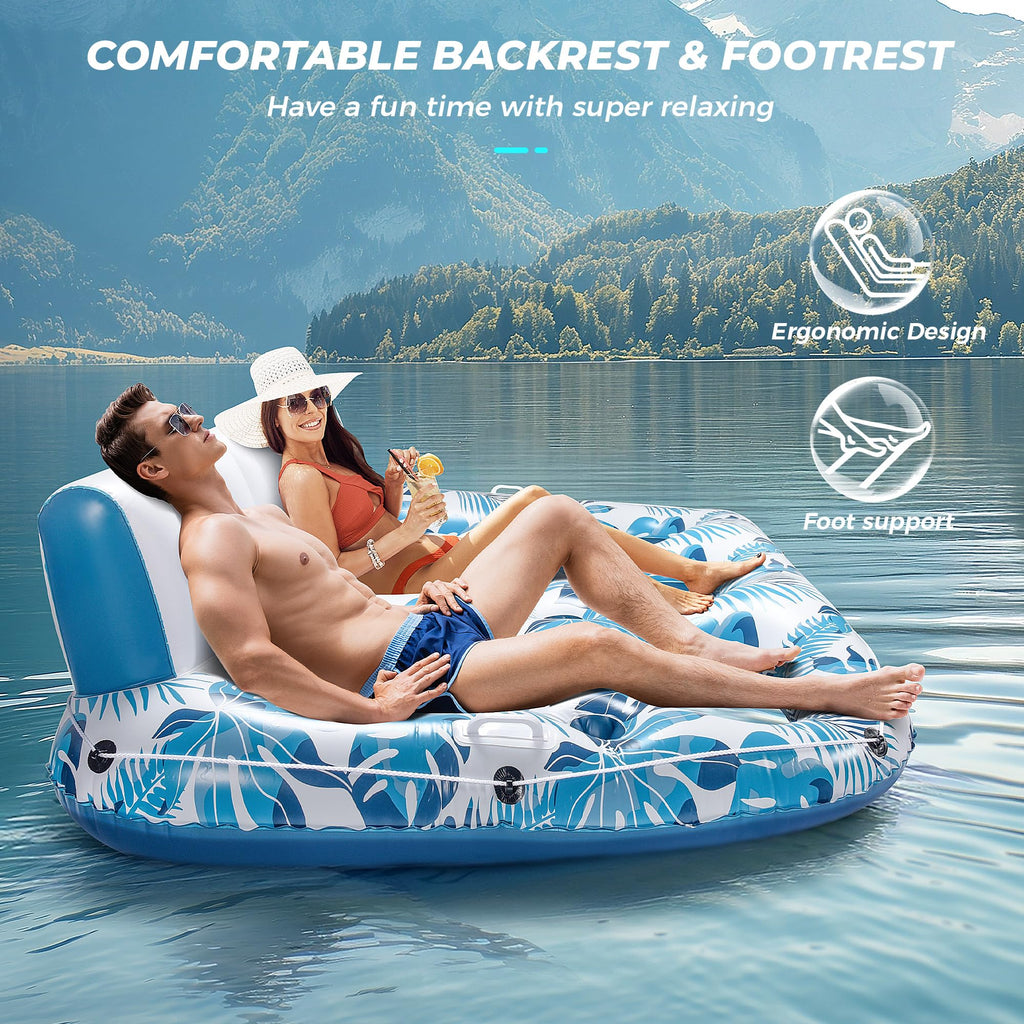 Inflatable Pool Float Lounger with Backrest, Footrest, Cup Holder X129