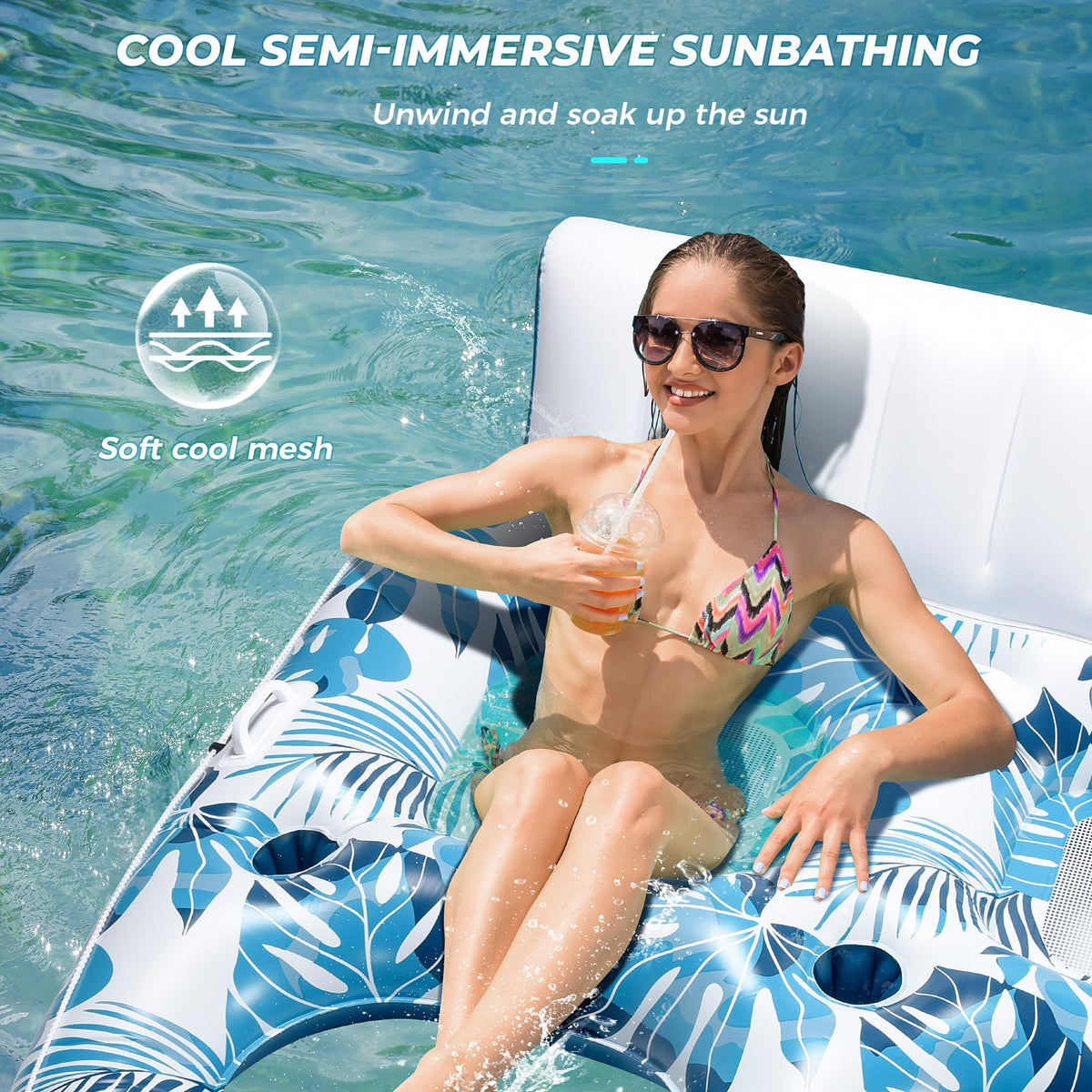 Inflatable Pool Float Lounger with Backrest, Footrest, Cup Holder X129