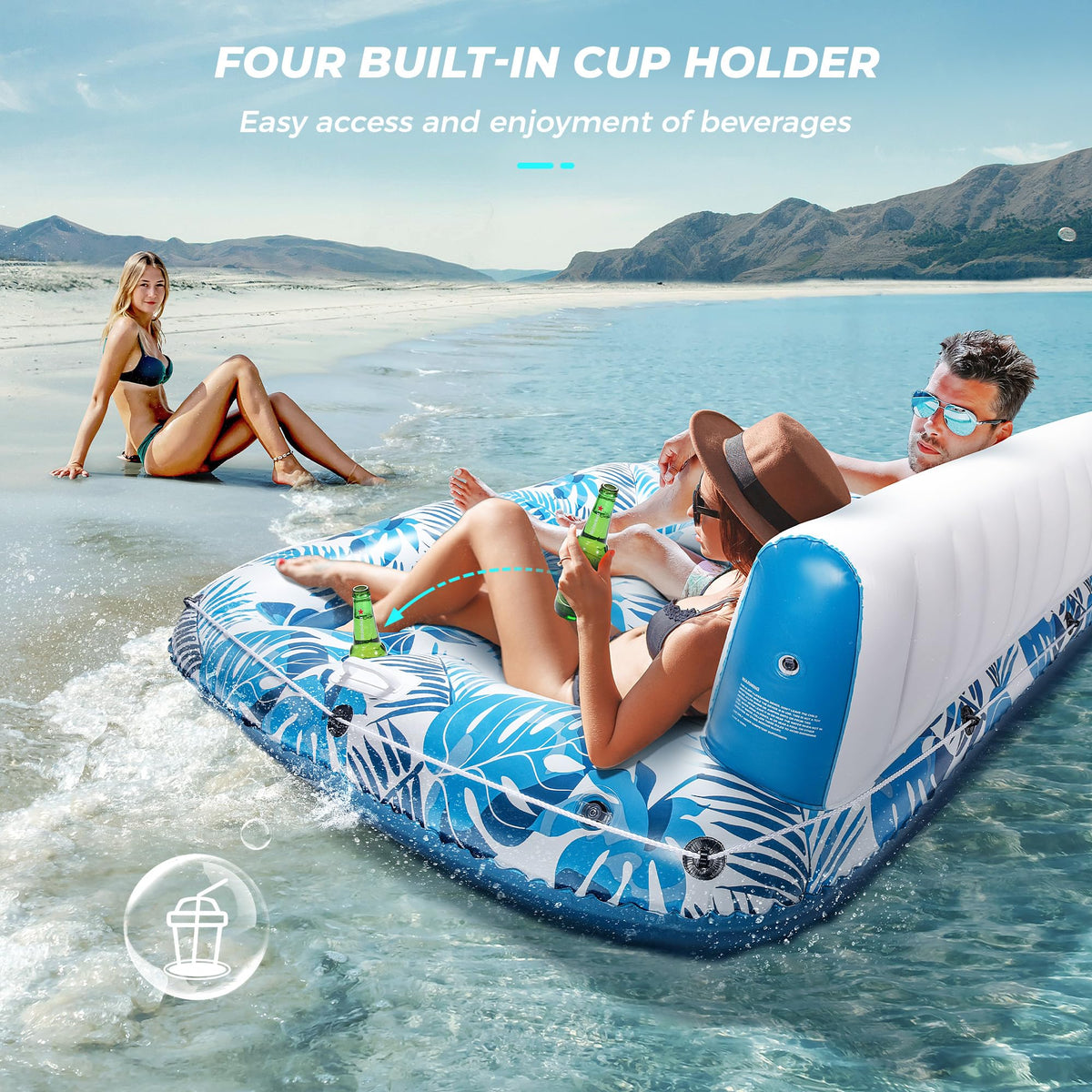 Inflatable Pool Float Lounger with Backrest, Footrest, Cup Holder X129