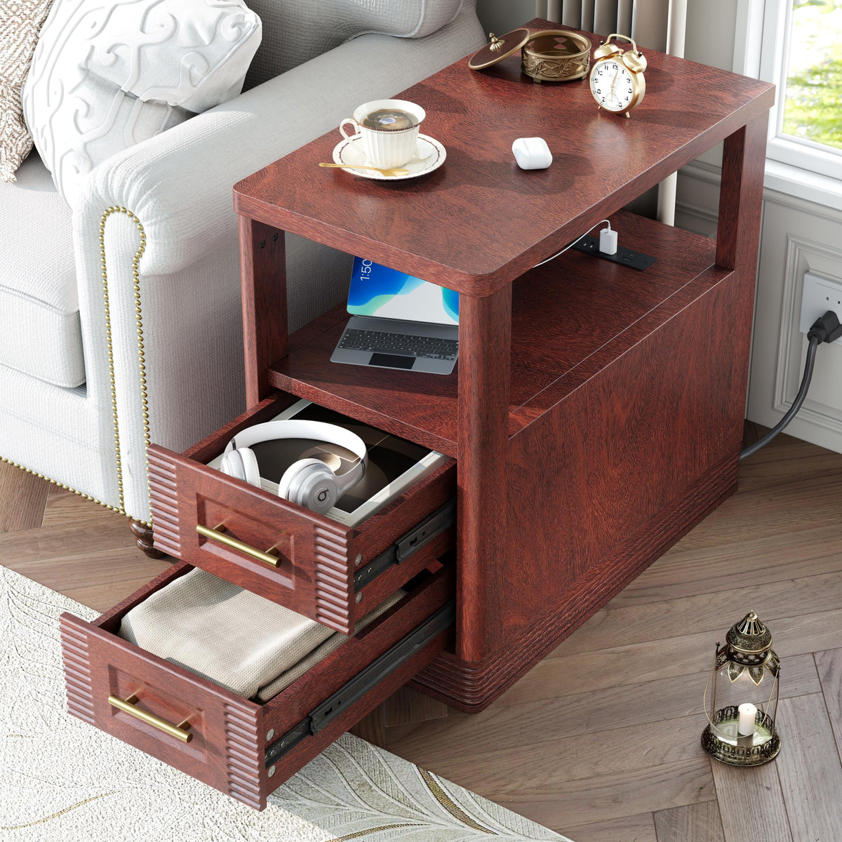 Farmhouse End Table with Charging Station, 2 Storage Drawers E908517