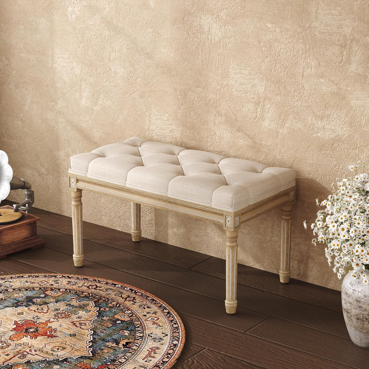 Beige Upholstered Bench with Carved Wood Legs O349