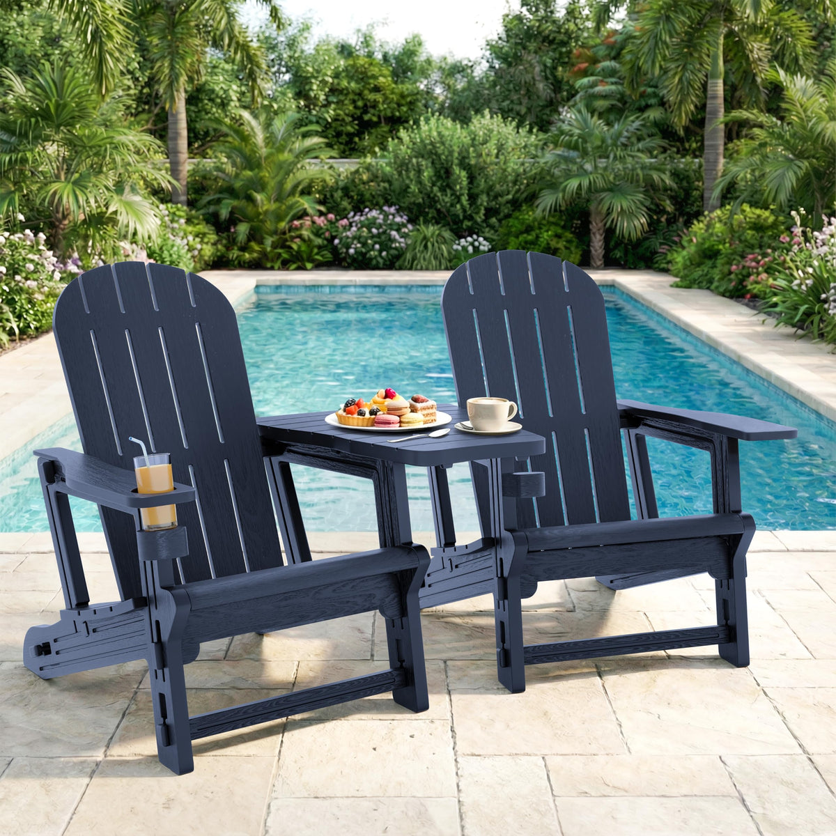 Dark Blue HDPE Adirondack Chairs Set of 2 with Cup Holder E407