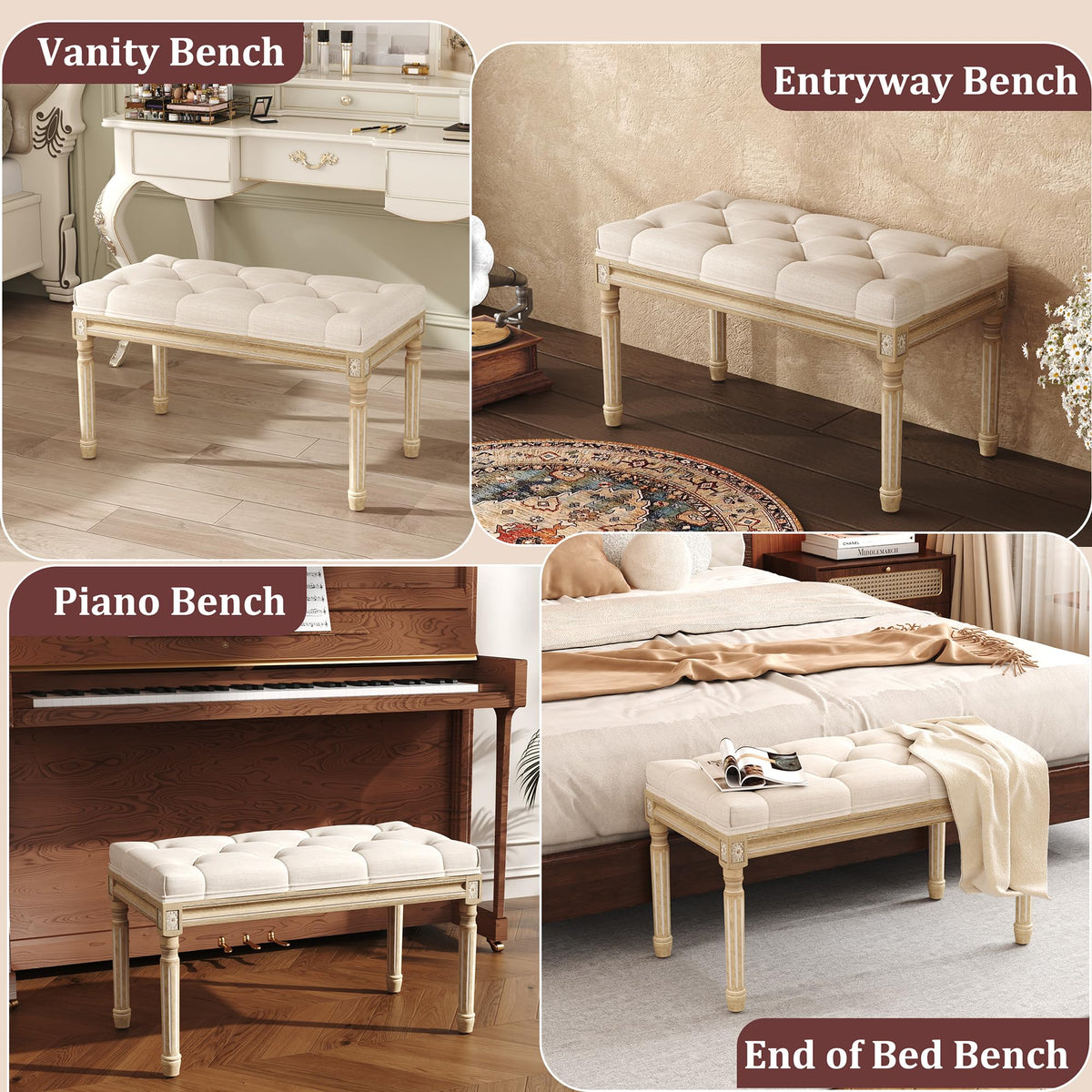 Beige Upholstered Bench with Carved Wood Legs O349